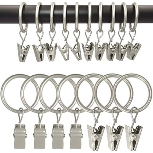AMZSEVEN 100 Pack Metal Curtain Rings with Clips, Drapery Clips with Rings, Drapes Rings 1 inch Inner Diameter, Fits Diameter 5/8 inch Curtain Rods, Matte Silver