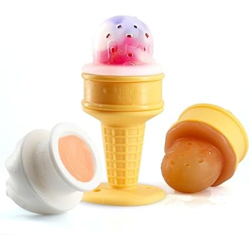Smily Mia Baby Fruit Food Feeder & Freezer Teether Combo, ICY Bite Ice Cream Teether for Baby Cooling Relief, BPA Free Silicone Feeder for Safe Infant Self Feeding, 3 Month+,Cream White