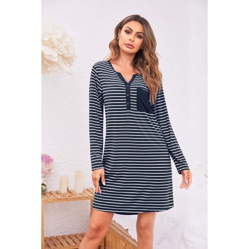 Ekouaer Women's Nightshirt Long Sleeve Button Down Nightgown V-Neck Sleepwear Casual Pajama Dress