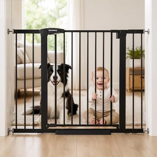 Mumeasy 29.7-46" Baby Gate for Stairs, Pressure Mounted Dog Gate for Doorways, Auto Close Walk Through Pet Gate Indoor, Extra Wide Metal Child Safety Gate, Mom's Choice Awards Winner, Black