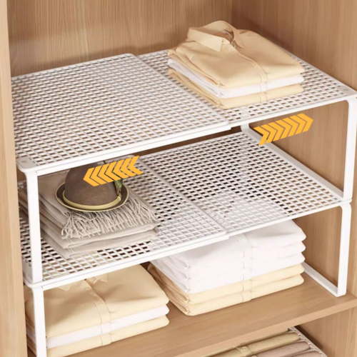 Expandable Cabinet Storage Shelf, Stackable Metal Organizer Rack for Kitchen, Bathroom, Pantry, Countertop, Under Sink, Black or White, 24.41x10.63x8.66in