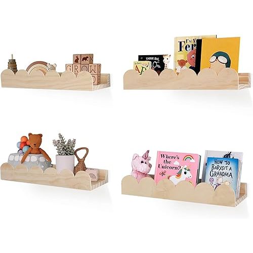 COMAX Nursery Floating Bookshelf Set, 4 Pack, Solid Wood, Wall Mount Bookshelves for Kids Room, Baby Bedroom