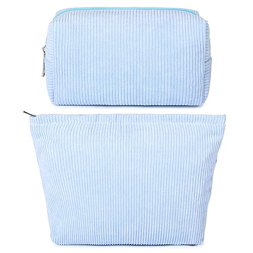SOIDRAM 2 Pieces Makeup Bag Large Corduroy Cosmetic Bag Capacity Canvas Mix Travel Toiletry Bag Organizer Cute Makeup Brushes Aesthetic Accessories Storage Bag for Women, Corduroy Mix Blue