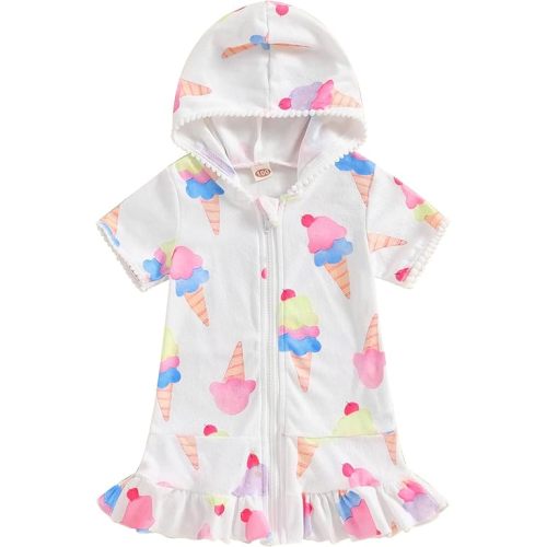 Girls Hooded Zip Terry Coverups Swimsuit Kids Baby Girl Floral Print Short Sleeve Swim Cover-Up Swimwear