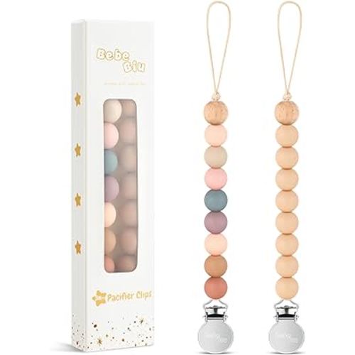 2 Pack Pacifier Clips, Silicone Pacifier Clip for Baby Boys and Girls, Baby Pacifier Strap with Silicone Beads, Pacifier Holder, Keeps Pacifier Clean (Blossom/Apricot)