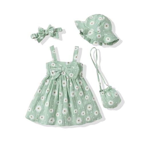 SODLON Toddler Girl Clothes Summer Baby Girls Beach Dresses Outfits 3M-4T | Toddler Summer Clothes, Cute Floral Dress for Gifts, Sleeveless Bowknot Beach Sundress with Hat and Bag, 4-Piece Clothing Set