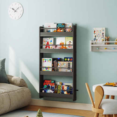17 Stories Kids Bookshelf, 4-Tier Wall Mount Bookshelf For Kids, Behind The Door Book Shelf, Hanging Book Shelf For Playroom, Bedroom, Living Room, Black | Wayfair