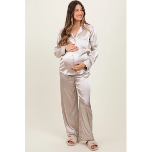 Pink Blush Cream Satin Contrast Trim Long Sleeve Maternity Pajama Set