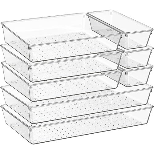 Criusia 8 Pack Drawer Organizer for Kitchen Gadgets, Large Clear Plastic Drawer Divider for Kitchen Accessories, Bathroom Organizers and Storage, Home Essentials for Makeup and Vanity Accessories