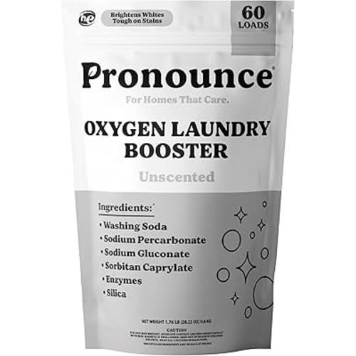 Pronounce Oxygen Laundry Booster with Enzymes - Brightens White & Tough on Stains, Fights Odor. Stain Remover, Cleaner Ingredients, Fragrance Free - Ultra Concentrated, HE - 60 Loads (Unscented)