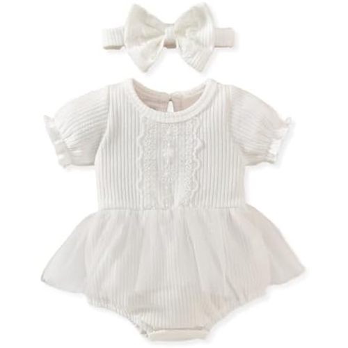 Preemie-18 Months Baby Girl Tutu Romper Infant Tulle Lace Dresses Ribbed Clothes Summer Puff Sleeves Outfits
