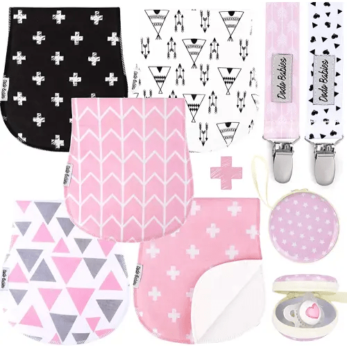 Dodo Babies 5-Pack Baby Burp Cloths - Soft, Absorbent Cotton Burp Cloths - Includes Pacifier Case and 2 Pacifier Clips - Colors: Pink, Grey and Black