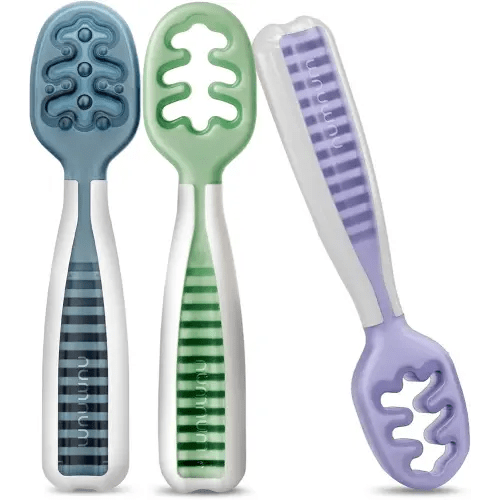 NumNum Baby Spoons Set, Baby Essentials Pre-Spoon GOOtensils for 6+ Months, First Stage Self-Feeding Spoons for Baby Led Weaning (BLW), Silicone Toddler Utensils, BPA-Free, 3 Pack Nature Friends