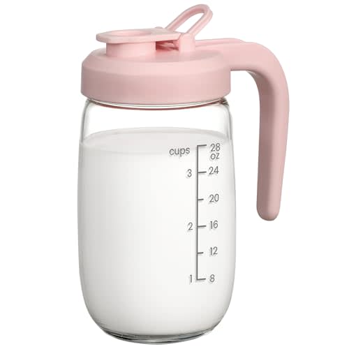 Breast Milk Pitcher 32 OZ, Heat & Cold Resistant, Sudden Temperature Safe, Fast Baby Formula Maker with Wide Mouth, No Leak Borosilicate Glass Fridge Storage Container for Juice, Cold Brew-Pink