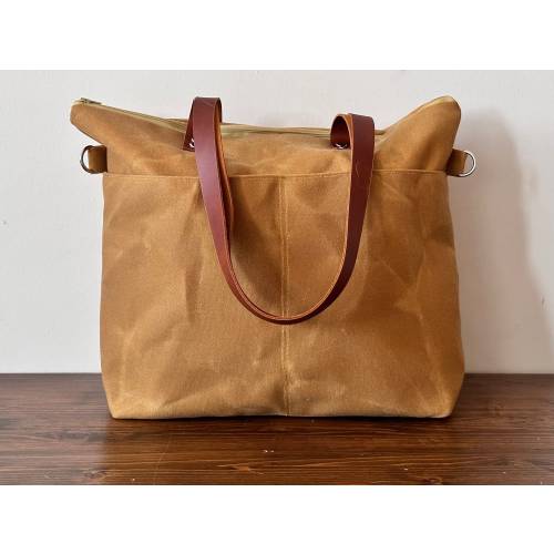 Waxed Canvas Shoulder Bag with Zipper ,  Waxed canvas Tote with Leather Double Straps, Free Cotton Adjustable Strap
