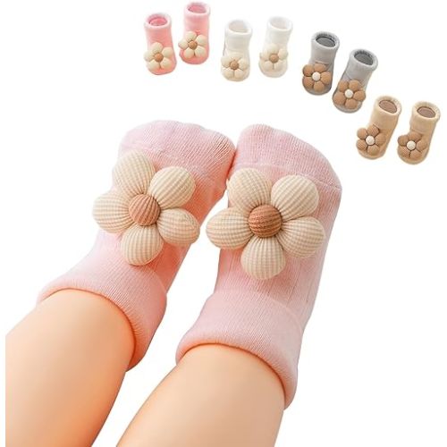 4Pairs Baby Toddler Grip Socks Flower Baby Non-slip Socks for Girls Boys Infant Kids
