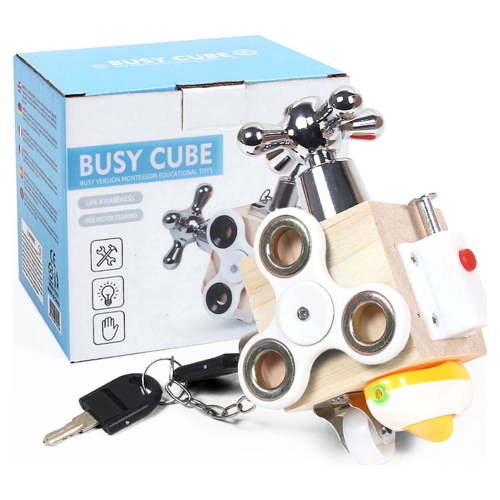 Sytle-Carry Montessori Learning Toys, Wooden Sensory Busy Cube, Educational Toys for Toddlers 1-3