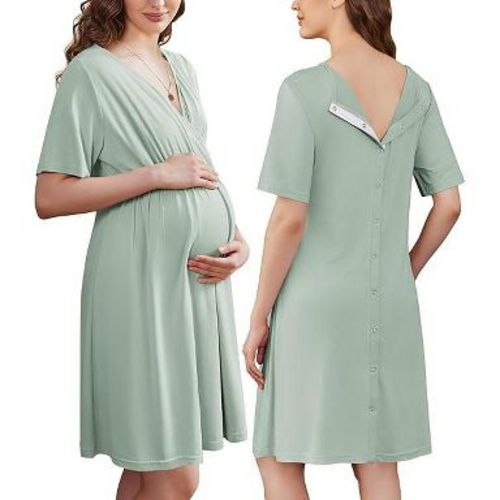 Ekouaer Labor and Delivery Gown for Hospital Short Sleeve Maternity Nursing Dress Nightgown with Button Celadon Green S