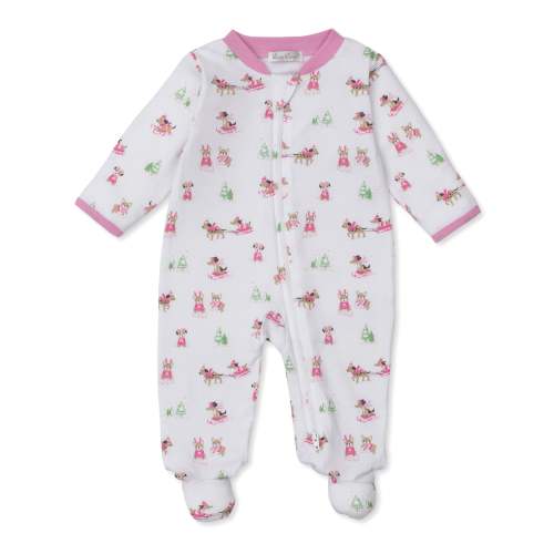 Puppy's Sleigh Riding Fun Pink Zip Footie