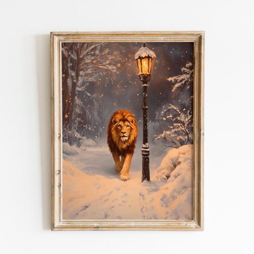 Narnia Oil Paint Wall Art,Antique Narnia Oil Painting,Book Nook Decor, Narnia Lion Room Decor, Cottagecore Lion Print,Animal Wall Art