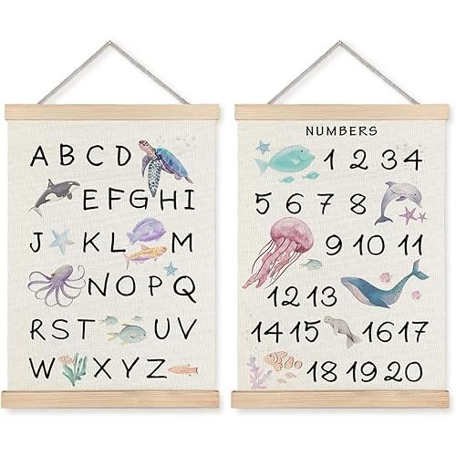 Supwhd Ocean Nursery Decor, Alphabet Numbers Ocean Animals Poster Hanger Frame, Sea Animals ABC 123 Educational Wall Decor for Nursery Kids Room Playroom Classroom Homeschool, 12x16 Set of 2