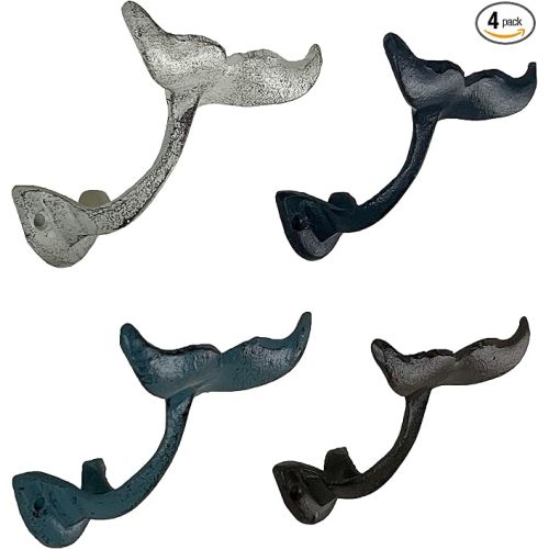Set of 4 Colorful Cast Iron Whale Tail Wall Hooks - Decorative Nautical Coat, Towel or Clothing Hangers to Add a Charming Beachy Vibe to Your Home Decor