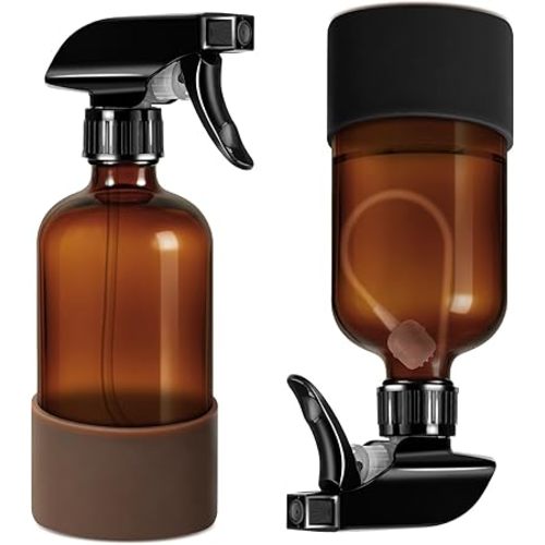 Tecohouse 2 Pack 360° Amber Glass Spray Bottles with Silicone Sleeve, 16 oz Empty Refillable Containers with Adjustable Spray Nozzles, Dark Spray Bottles for Cleaning Solutions, Plants (Black & Brown)