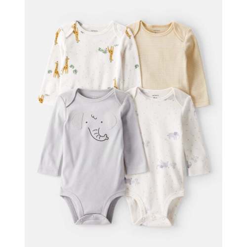 Baby 4-Pack Safari Print Cotton Long-Sleeve Multipack Bodysuits - Ivory/Yellow - Carter's | Carter's