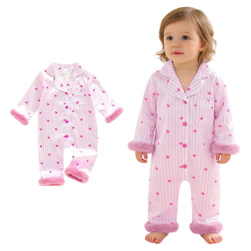 Silk Pajamas Toddler Valentine Pajamas Heart Feather Trim Button down Long Sleeve Jumpsuit Romper Newborn Girl Pajamas 12-18 Months