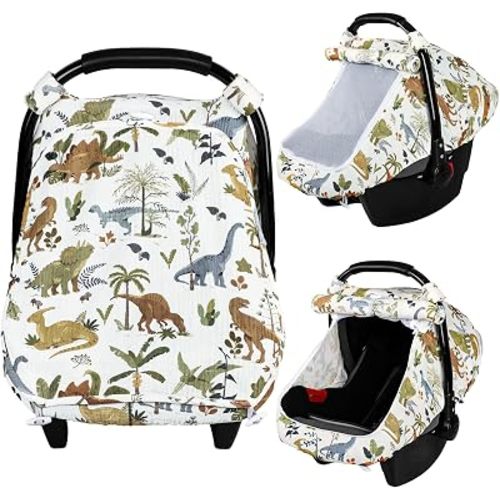 Hooyax Baby Car Seat Cover with Large Window, Breathable Muslin Carseat Canopy for Infant, Protective Stroller Shade for Boys Girls, Universal Car Seat Cover for Newborn, Baby Shower Gift (Dinosaur)