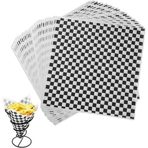 GeeRic Waxed Deli Paper Sheets 12 * 12 Inch, 100 Pcs Food Basket Liners for Sandwiches, Burgers, Checkered Deli Wrap Wax Paper Sheets Black