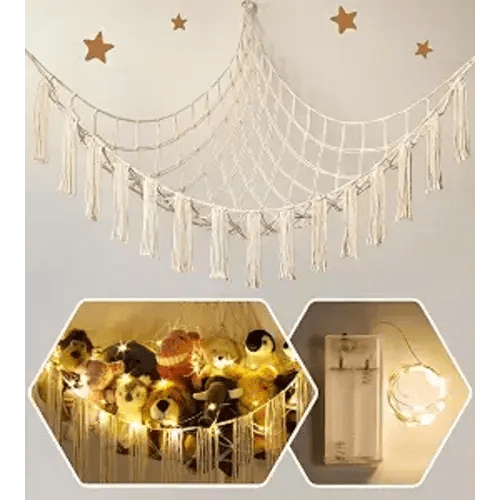 Stuffed Animal Storage Hammock Corner X-Large with LED Light - Baby Hammock Hanging Holder Plushies Net for Stuff Animals Organizer - Cute Room Decor Aesthetic Kids Toddler Nursery Bedroom Boho