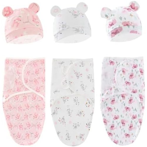 Baby Swaddle Sleep Sack with Hat Set for 0-3 months 3-Pack Soft Cotton Newborn Wearable Swaddle Wrap for Girls Boys