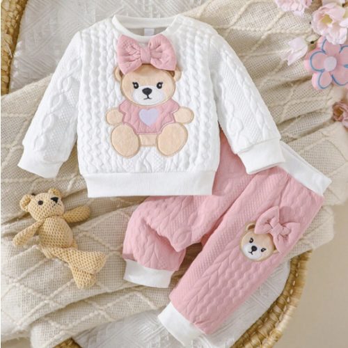 Newborn Baby Girls Cute Bear & Bow Flocked Embroidered Long Sleeve Top And Contrast Color Simple Long Pants 2 Pieces Outfit | SHEIN USA