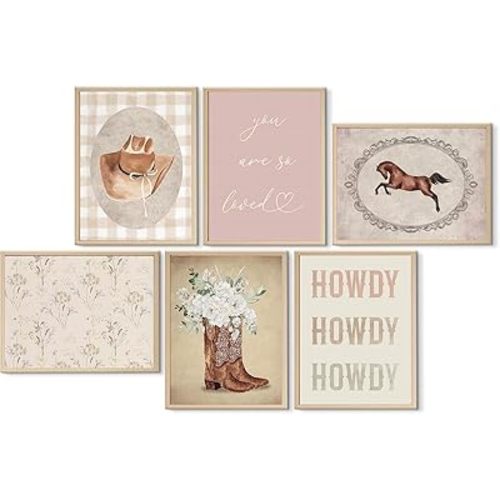 VXGMYPGZ 6Pcs Western Cowgirl Nursery Wall Art Vintage Coquette Pink Preppy Canvas Posters for Girls Bedroom Rustic Cowgirl Picture Wall Decor 8x10 Inch Unframed