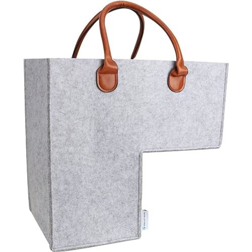 SAM AND MABEL Stair Basket with Beautiful Faux Leather Handles – Durable Felt Staircase Baskets for Carpeted and Wooden Stairs, Foldable Stairway Storage Organizer (Light Gray)