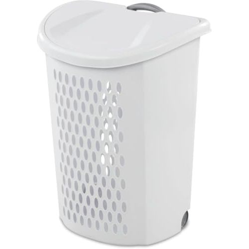 Wheeled Plastic Laundry Hamper with Handle, Easy Transport for Laundry, Durable Plastic White