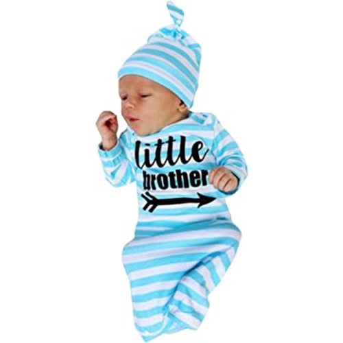 Newborn Baby Sleeper Gowns & Headband Little Sister Brother Printed Striped Baby Sleeping Bag (blue)