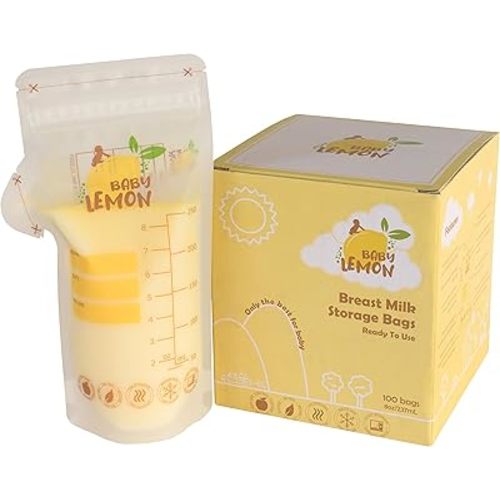 Baby Lemon Breast Milk Storage Bags with Spout - 8 oz, 100 Bags, Extra Thick, Leak Proof, Pre-sterilized, Ready to Use, BPA Free, Easy Write Material