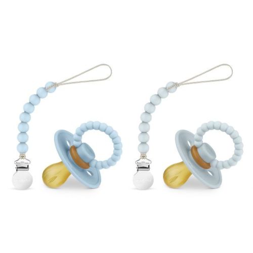 Bleu La La Luladream Pacifier + Clip Set - Natural Rubber Nipple - Soft Teething Handle - for Infants Baby's and Toddlers - Sky Blue + Ash Blue