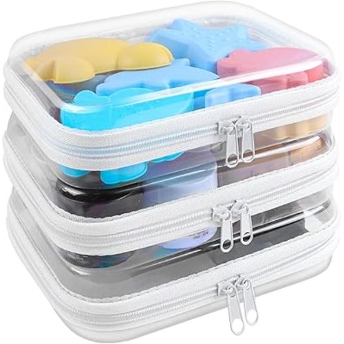Clear Hard Shell Zipper Case 3 Pack Transparent Storage Box Containers Makeup Pouches for Small Item Waterproof Cosmetic Organizer Bags for Travel Toiletries (White,5"x 3")