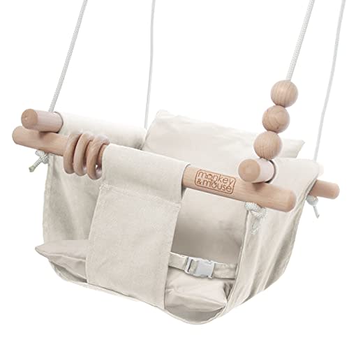 Monkey & Mouse Baby Swing - Cream Indoor Outdoor Portable Hanging Chair for Infant & Toddler Kids Up to 4 Years - Cotton Canvas & Beech Wood Frame