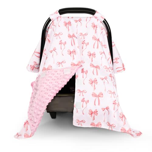 Baby Car Seat Cover, Minky Carseat Cover Baby Girl, Peekaboo Opening Infant Car Seat Cover, Warm Baby Car Seat Canopy for Winter, Pink Bow