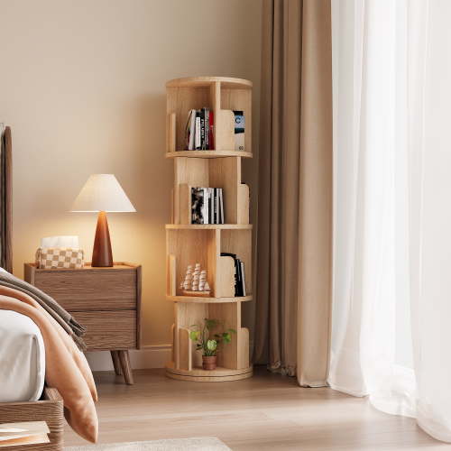 Bapipro 360° Rotating Bookcase, 4 Tier, Small Corner Bookshelf for Small Space, Free Standing Bookcase Storage Rack, Wood Narrow Book Shelf Organizer for Bedroom, Living Room (Wood)
