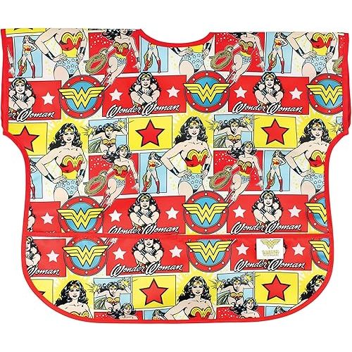 Bumkins Short Sleeve Bib for Girl or Boy, Toddler and Kids for 1-3 Years, Large Size, Essential Must Have for Junior Children, Eating, Mess Saving Soft Fabric Apron for Play, Wonder Woman DC Comics