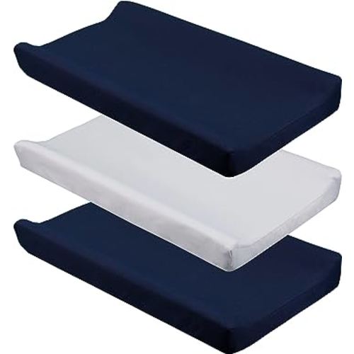 CaSaJa Diaper Changing Pad Cover for Baby Boys Set of 3, Snug Fit 4-Sided Contoured Changing Table Pad 16x31 16x32, Fitted Change Pad Sheet Navy Gray, 100% Silky Soft Breathable Microfiber