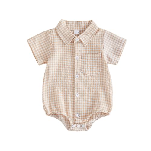 Newborn Baby Boy Clothes Gingham Short Sleeve Button Down Shirt Bubble Romper Plaid Collared Bodysuit Summer Outfit