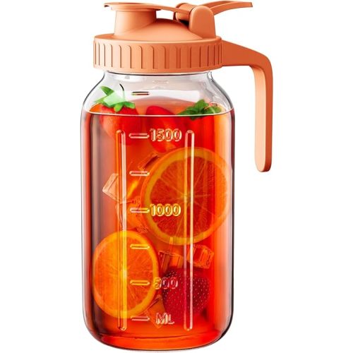 64 oz Glass Pitcher with Lid, Large Wide Mouth Mason Jar with Pour Spout, Orange Sun Tea Glass Jar for Outside, Lemonade Pitcher Great for Drink, Cold Beverages and Breast Milk