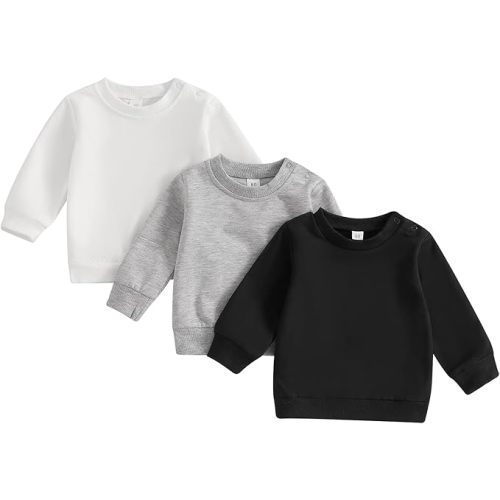 3 Pack Toddler Baby Boy Girl Long Sleeve Crewneck Pullover Sweatshirt Sweater Outfits Solid Color Casual Clothes