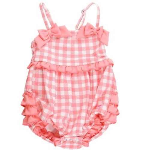 RuffleButts Baby Girls UPF50+ One Piece Bow Bubble Romper Swimsuit - Bubblegum Pink Gingham, 6-12m